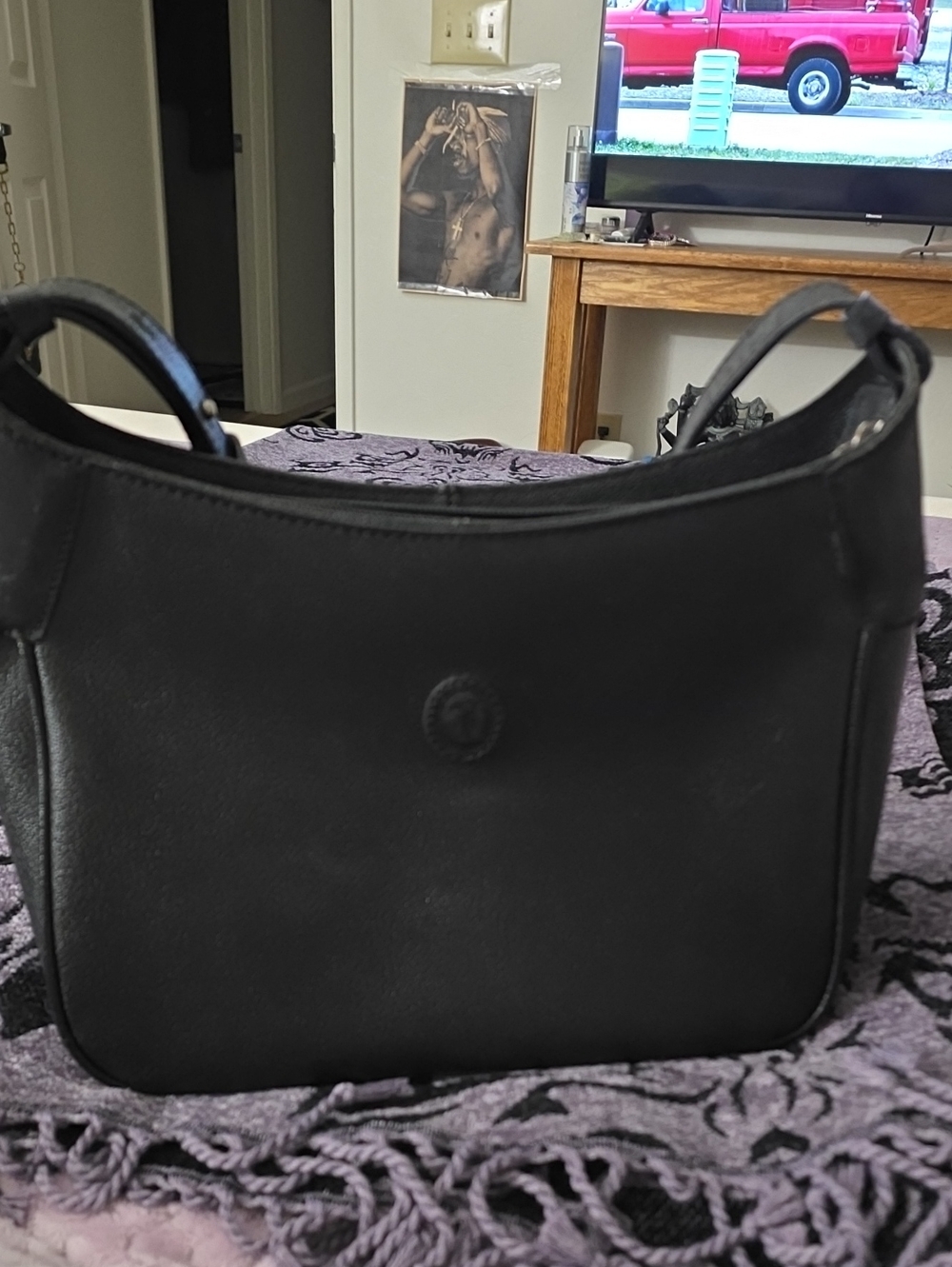 Trussardi Black Leather Shoulder Bag with Embossed Logo Y2k Very Good Condition